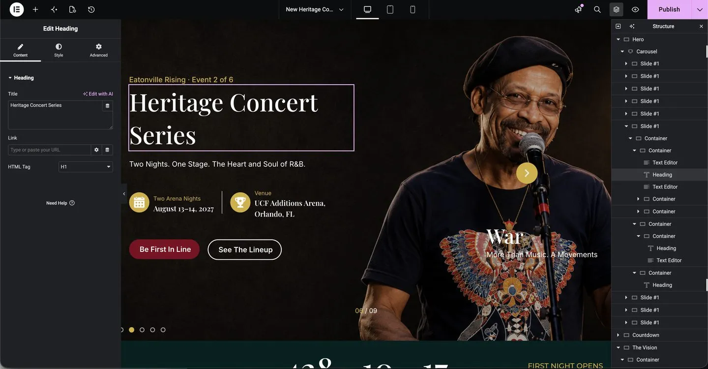 Elementor editor showing the Heritage Concert Series hero and the structure panel with a carousel and a countdown
