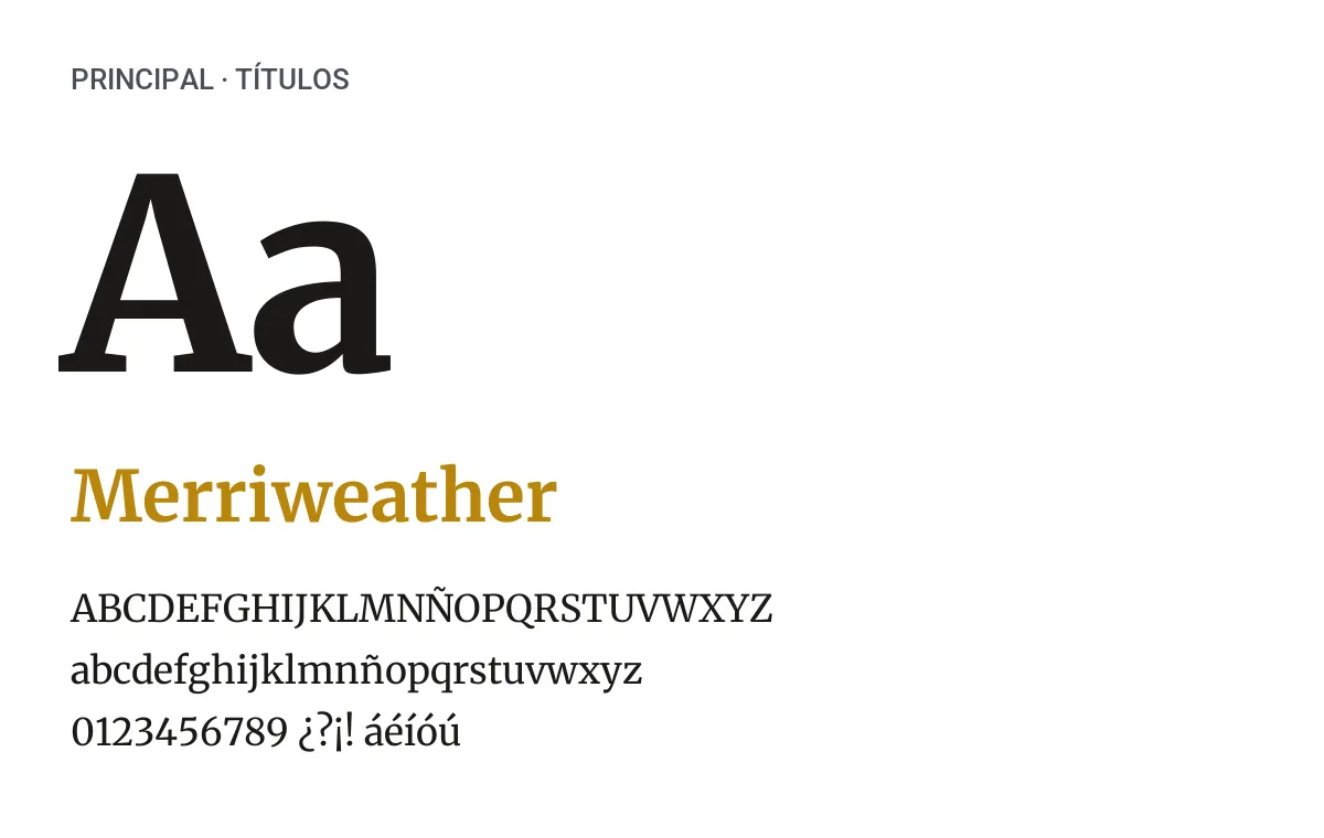 Tipografía principal Merriweather, para títulos: muestra del alfabeto