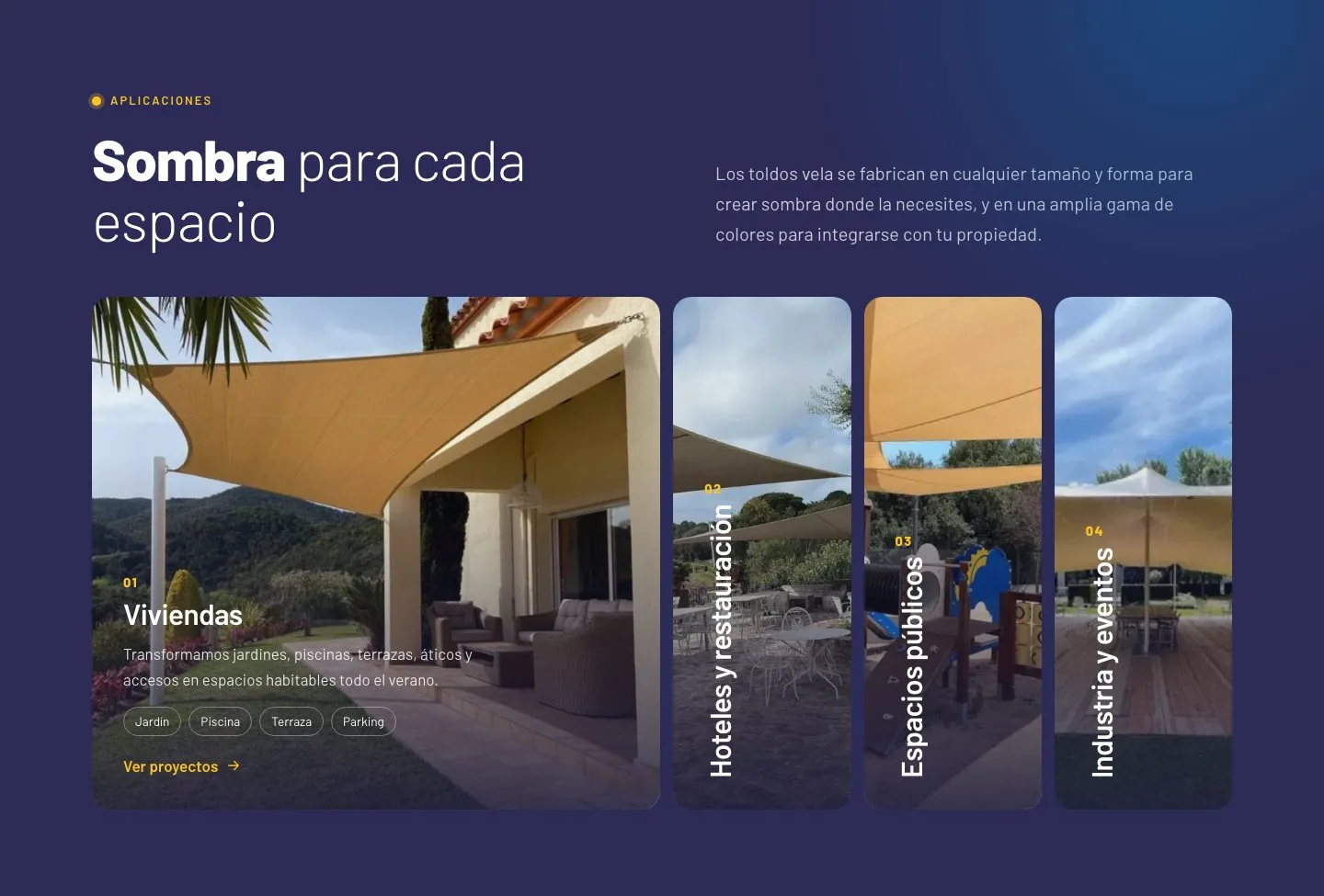 Sección «Sombra para cada espacio» con cuatro tarjetas de fotos: viviendas, hoteles y restauración, espacios públicos e industria y eventos