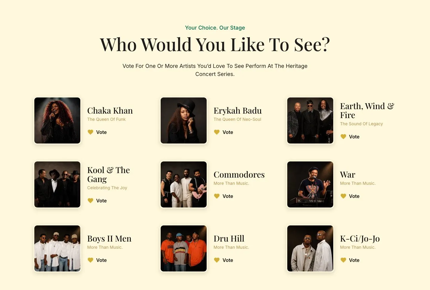The "Who Would You Like To See?" section with nine artists and a vote button for each