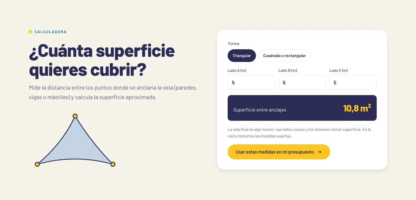 Calculadora «¿Cuánta superficie quieres cubrir?» con una vela triangular de 5 × 5 × 5 m que da 10,8 m² y un botón para usar las medidas en el presupuesto
