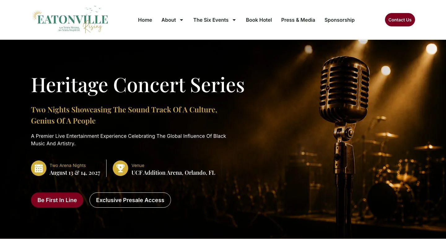 Heritage Concert Series hero: dark background with a microphone, dates, venue and two buttons