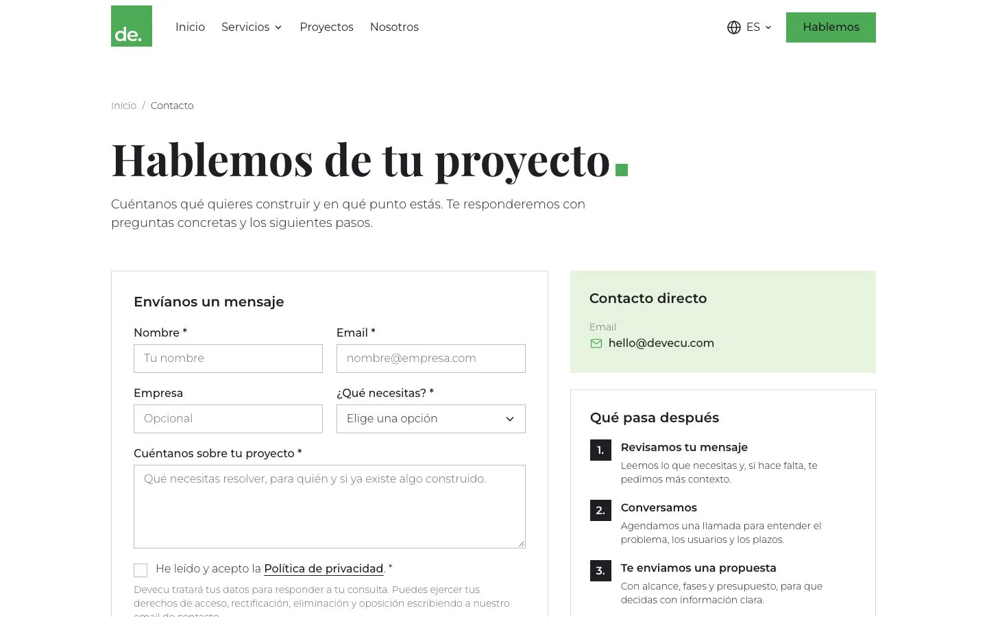 The Devecu contact page with the form and contact details