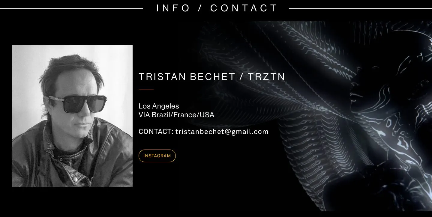 The Info / Contact section with a portrait of Tristan Bechet, his city and his email