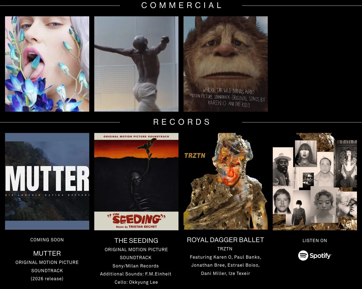 Commercial and Records sections: campaign thumbnails and record covers with their credits
