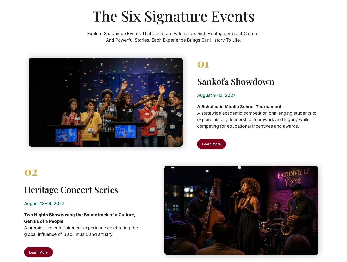 The "Six Signature Events" section of the home page, with a photo, date and description for each event