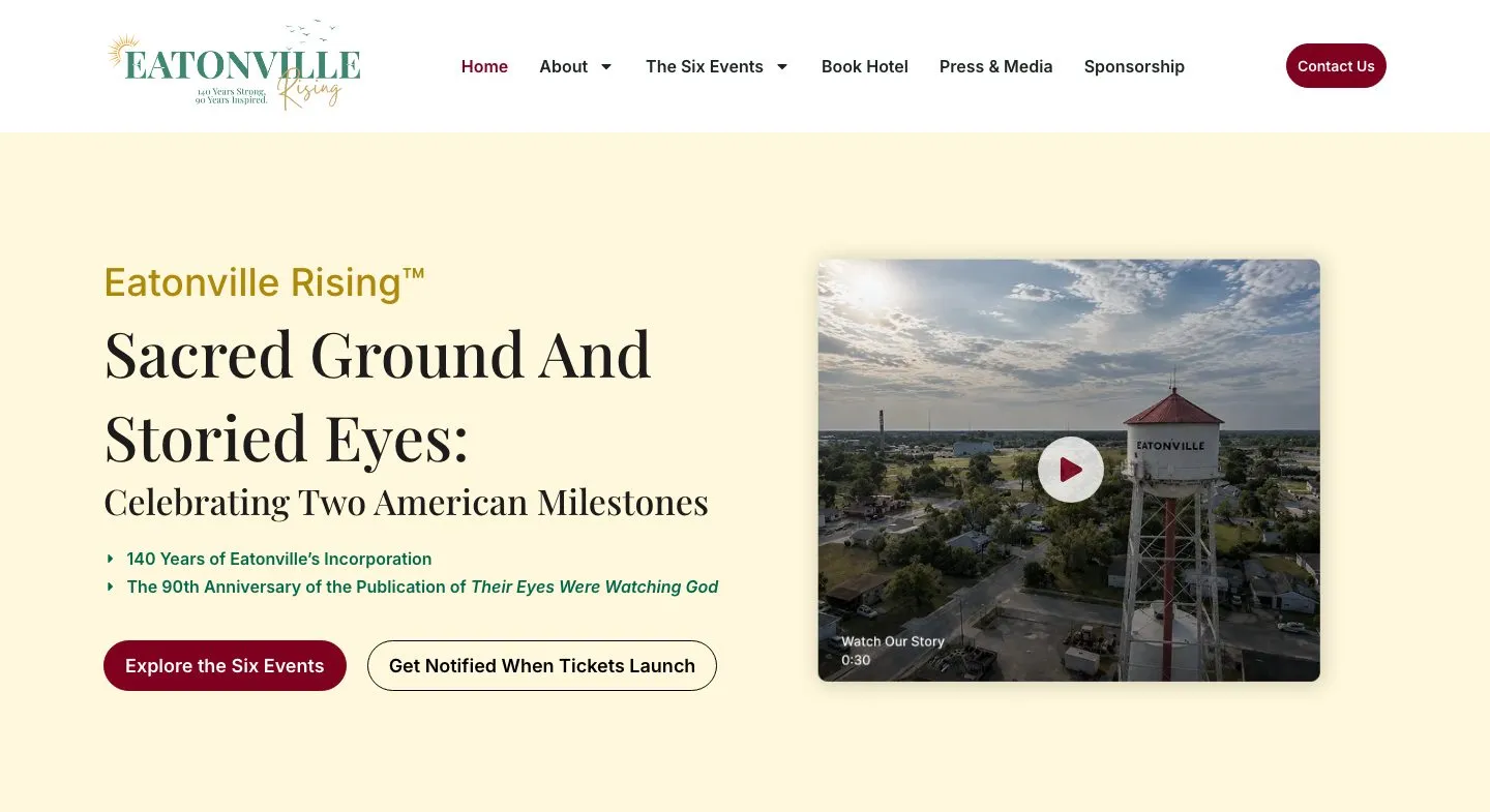 Eatonville Rising home page: the headline "Sacred Ground And Storied Eyes: Celebrating Two American Milestones", two buttons and an aerial video of the Eatonville water tower