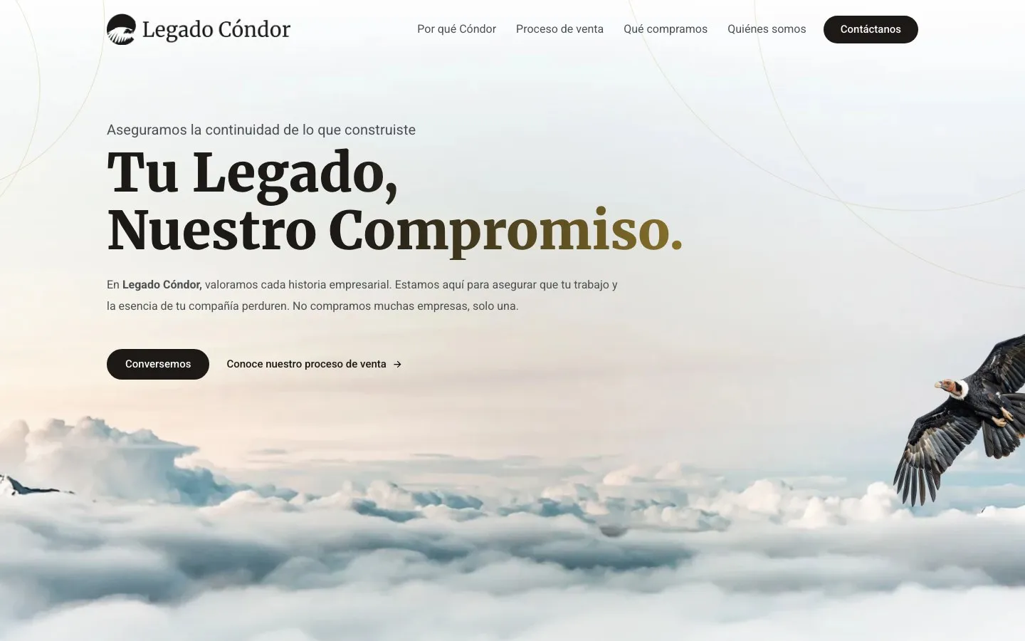 Portada de la web de Legado Cóndor: título "Tu legado, nuestro compromiso" sobre un cielo con nubes y un cóndor en vuelo