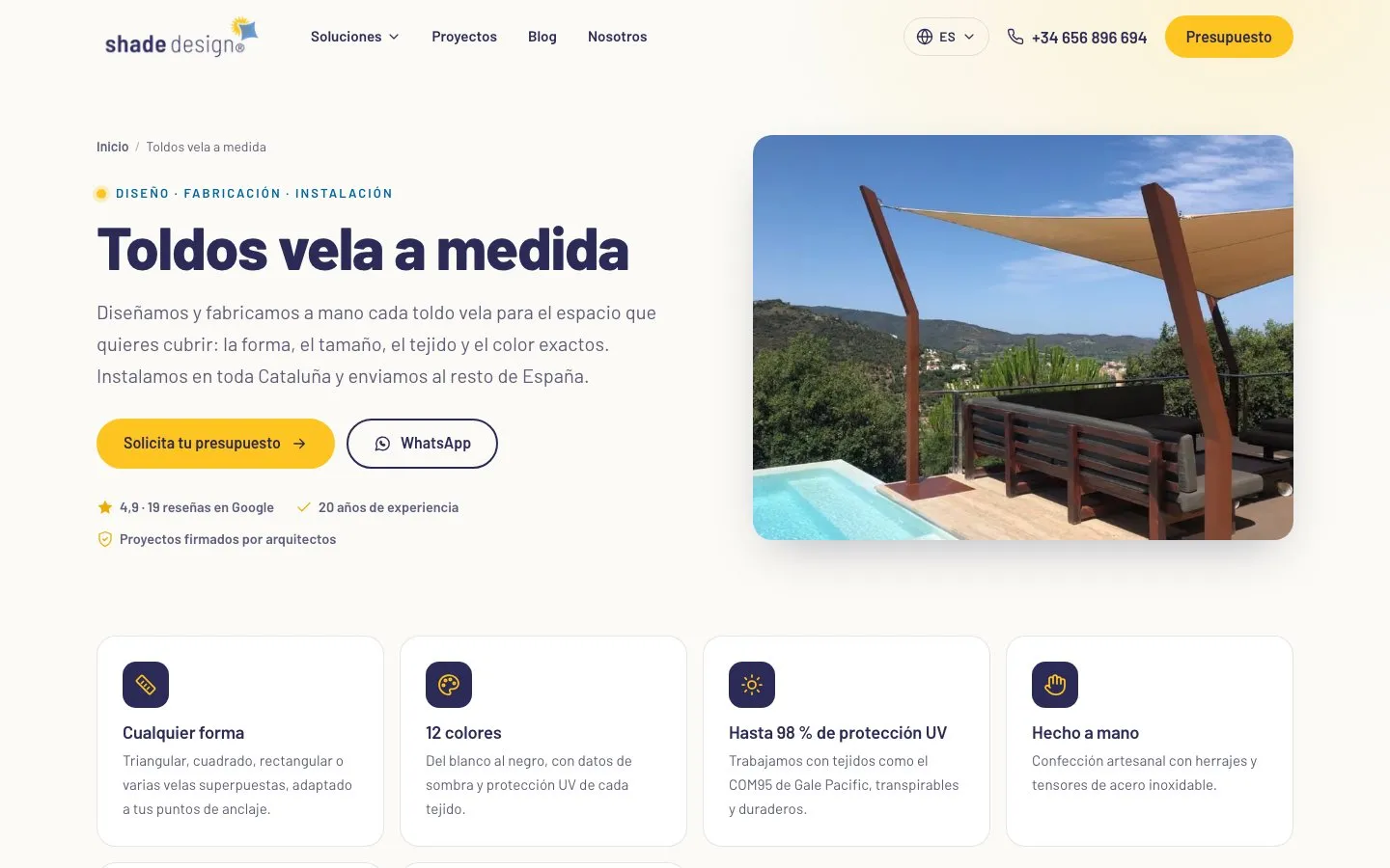 Landing «Toldos vela a medida» con foto de una vela sobre una piscina y cuatro ventajas: cualquier forma, 12 colores, hasta 98 % de protección UV y hecho a mano