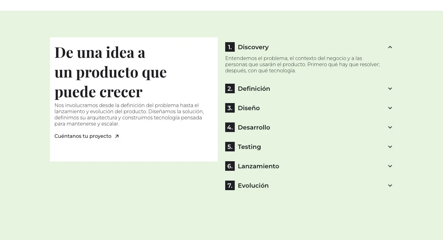 A section about turning an idea into a product, with the seven process phases: discovery, definition, design, development, testing, launch and evolution