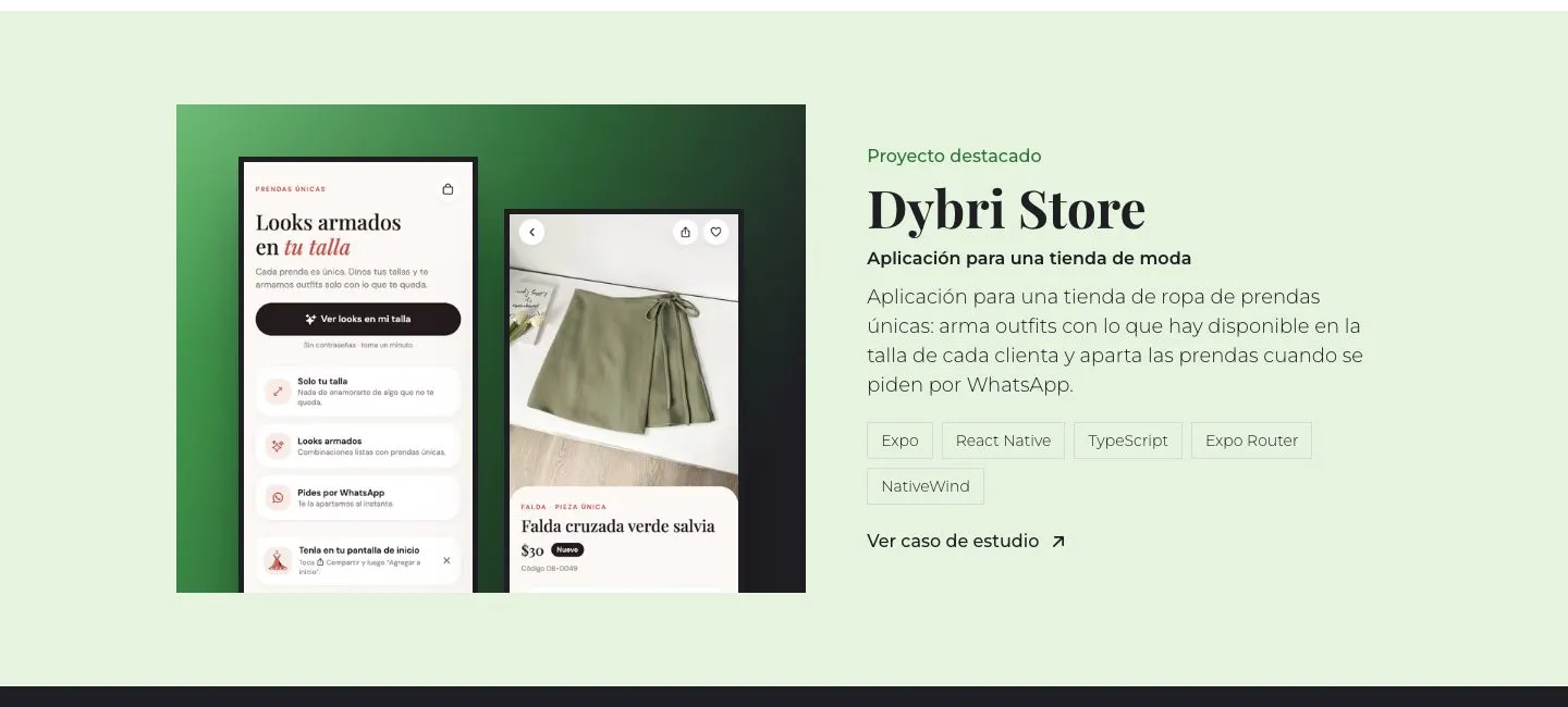 The featured project Dybri Store: an app for a fashion store, with its technologies