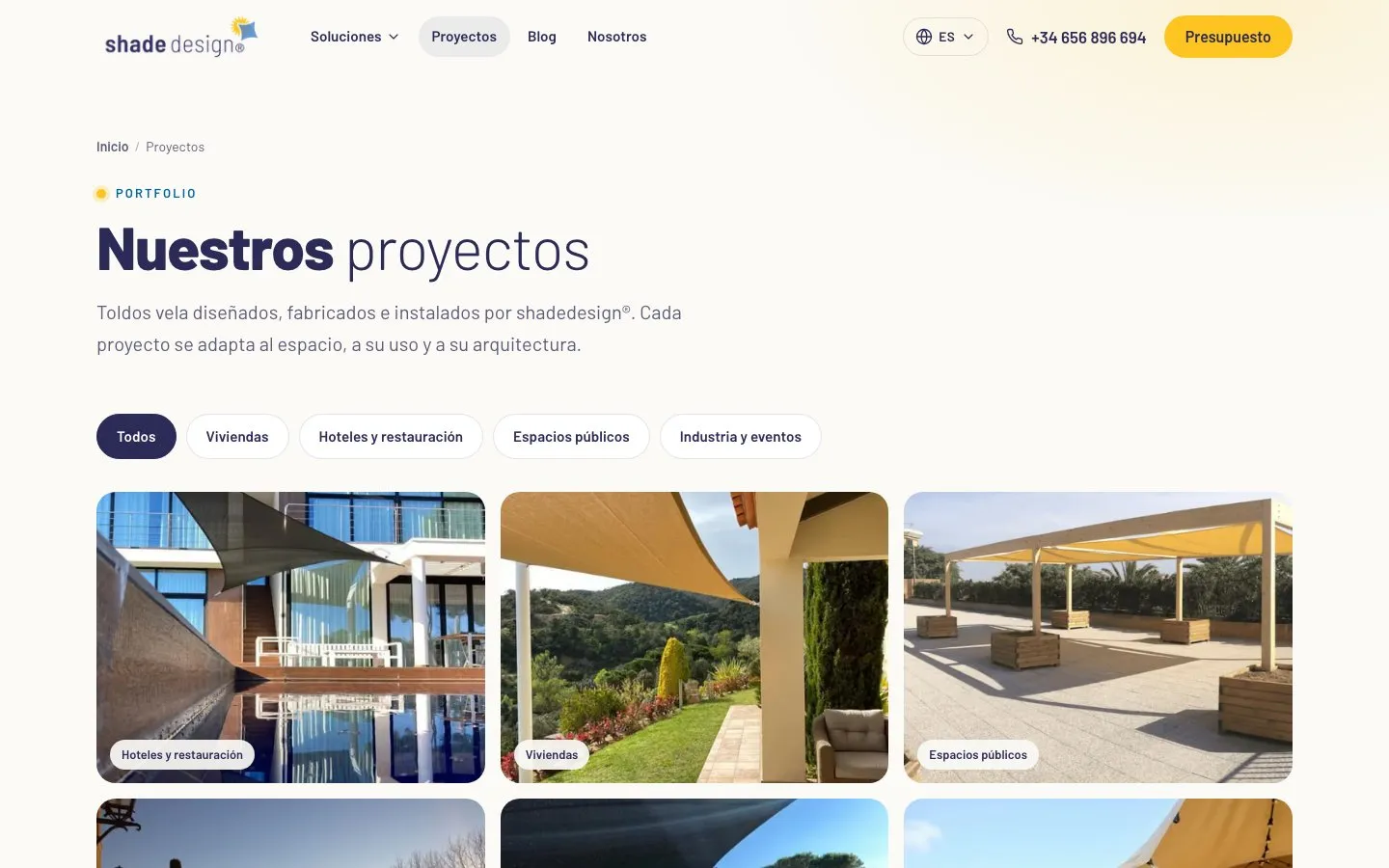 Portfolio «Nuestros proyectos» con filtros por tipo de espacio y una galería de fotos de toldos vela instalados