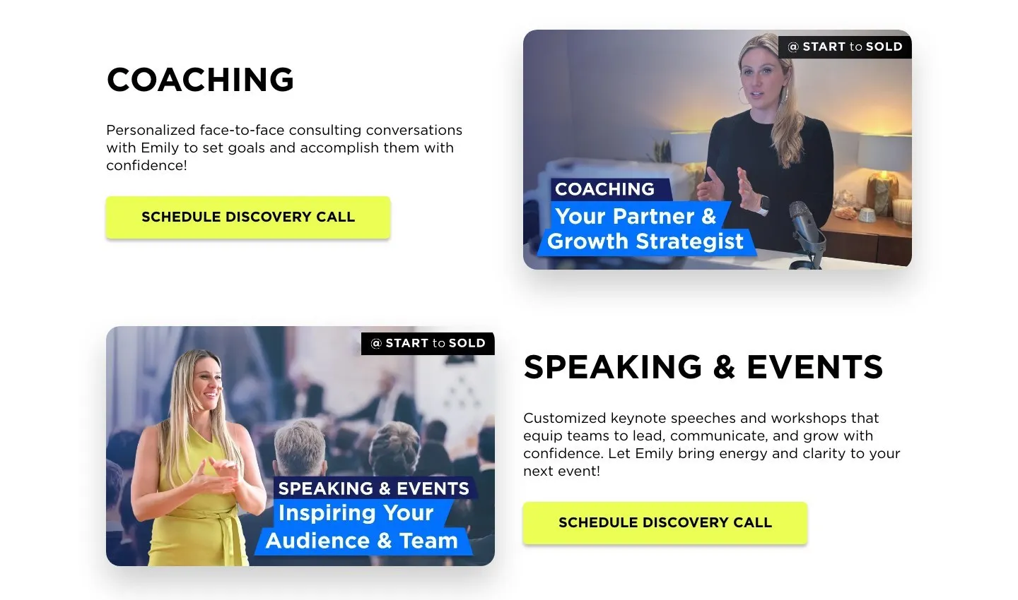 Bloques de Coaching y Speaking & Events en la portada de Start to Sold, alternando texto e imagen