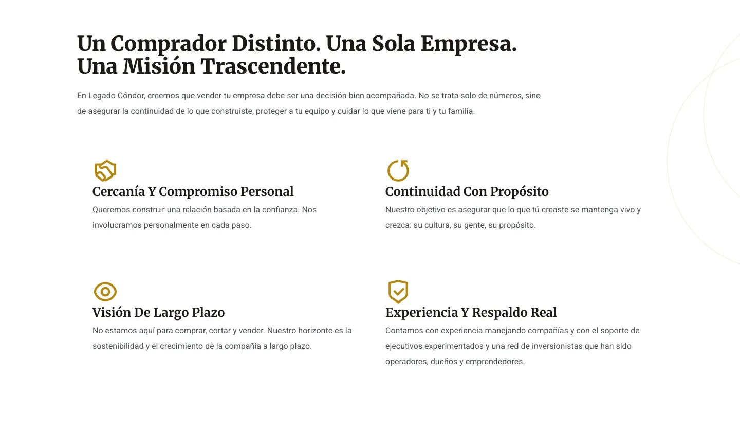 Sección "Un comprador distinto" de Legado Cóndor, con cuatro valores de la empresa y sus iconos dorados