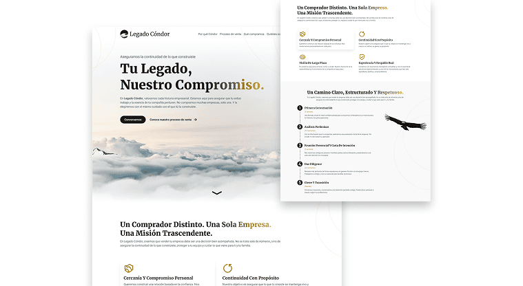 Maqueta de diseño web para Legado Cóndor con imágenes de montañas y texto en español sobre el legado empresarial