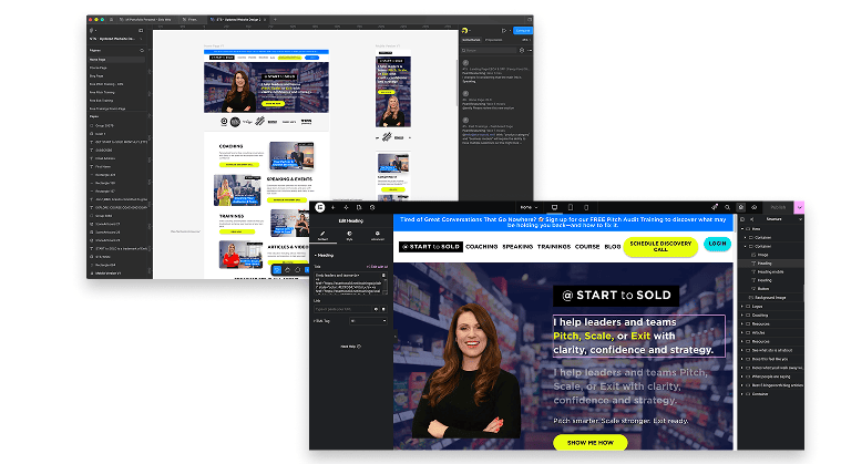 Interfaz de un programa de diseño web que muestra los diseños para ordenador y móvil de la página web «START to SOLD» y su editor